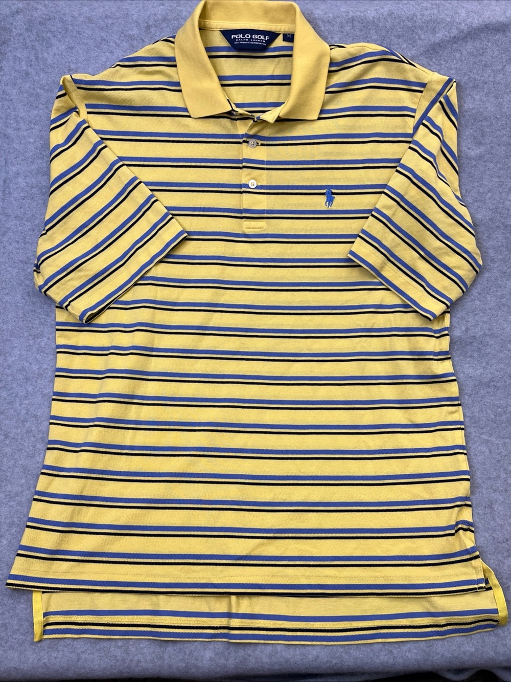 Men’s Polo Golf Ralph Lauren Yellow Blue Striped Short Sleeve Shirt Medium
